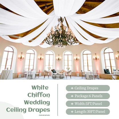 6 Panels White Wedding Ceiling Drapes 5ftx30ft Ceiling Drapes Chiffon Fabric Arch Draping Sheer Curtains Soft Drapery Draping Wedding Ceiling Decorations for Party Ceremony Stage Swag