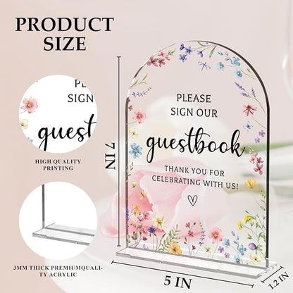 Wedding Sign Decor, Photo Guest Book Sign, 5x7 Inch Arch Acrylic, Wedding Sign for Reception & Event, Bridal Shower Decorations, Wedding Table Sign Accessories for Anniversary And Party (Flower)
