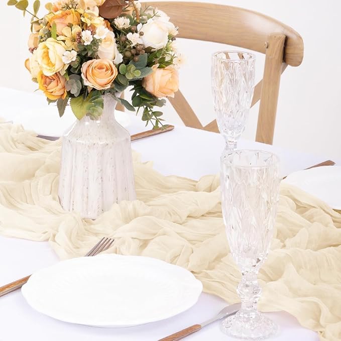 12Pcs Beige Cheesecloth Table Runner 120 Inch10FT Beige Rustic Boho Cheesecloth Table Runnerfor Wedding Party Baby Shower Birthday Home Decor Holiday Decorations
