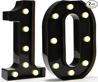 Pooqla Decorative Led Light Up Number Letters, Black Plastic Marquee Number Lights Sign for 10th Birthday Party Wedding Decor Battery Operated Black Decoration 10