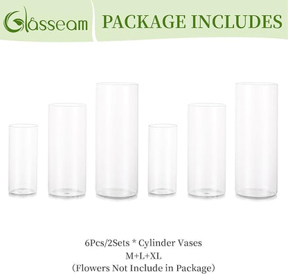 Glasseam Clear Cylinder Vases for Centerpieces, Glass Cylinder Vase Set of 6, Hurricane Vase for Flowers, Glass Cylinder Candle Holder for Pillar Candles, Floating Candle Vases for Wedding Decorations
