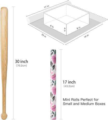 RUSPEPA Reversible Floral Wrapping Paper for Women, Mini Roll, Vintage Pink Rose with Deep Green Solid, Elegant Gift Wrap for Birthday, Wedding, Mother's Day, Bridal Shower, 17 Inches x 16.4 Feet