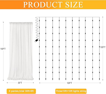 Fomcet Tulle Backdrop Curtains Ivory 30FT X 10FT Tulle Curtain with Lights String Sheer Backdrop Curtains for Parties Wedding Baby Shower Photo Shoot Decorations (6 Panels 5 x 10FT)