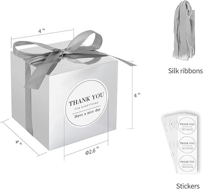 COTOPHER Small Gift Boxes 100 Pack 4x4x4 inches Silver Gift Boxes with Lids for Gifts, Crafting, Wedding Party Favor, Cupcake Boxes, Candy, Bridesmaids Proposal Box with Ribbons and Stickers (Metallic