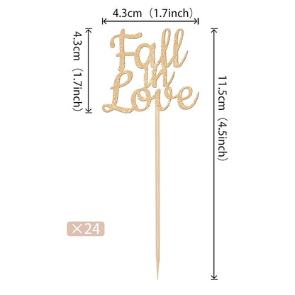 24 PCS Fall in Love Cupcake Toppers Glitter Fall Theme Bridal Shower Cupcake Picks for Autumn Wedding Engagement Anniversary Birthday Bridal Shower Party Cake Decorations Supplies Champagne Gold