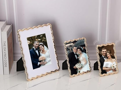 8 x 10'' Heavy-Duty Zinc Alloy Gold Photo Frames with Acid Free Mat for 5x7'',Wave Design Gold Picture Frame 8x10'' with Black Velvet Back