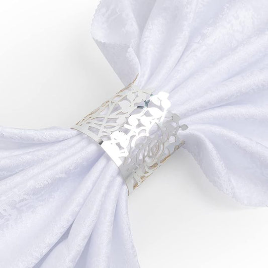 100pcs Disposable Rose Flower Paper Napkin Rings Laser Cut Foil Paper Napkin Holder, Leaf Vine Serviette Rings for Table Decoration,Christmas,Wedding,Party (Silver)