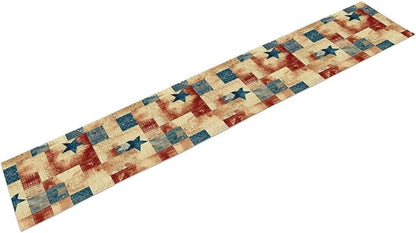 4th of July Table Runner, Rustic Vintage Country Red White Blue American Stars Independence Day Print Table Cover for Farmhouse Kitchen Dining Table Decor, 13x70inch