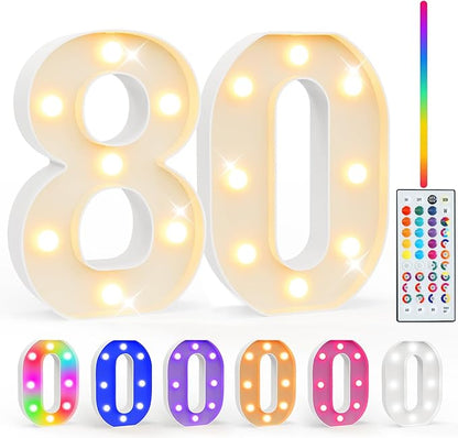 Pooqla 80th Birthday Decoration fors Her Him, 35 Colors LED Light Up Numbers with Remote, Multicolor Marquee Numbers 80 Sign for Party Backdrop 80th Birthday Gift, Lighted Number 80