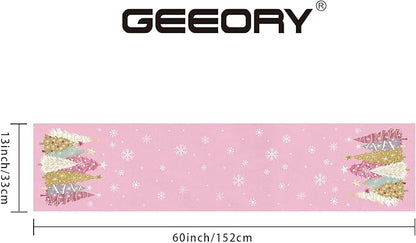 GEEORY Christmas Table Runner 13x60 Inch, Xmas Trees Snowflakes Holiday Decorative Farmhouse Table Decoration for Kitchen Dinning, Indoor Outdoor Dinner Party Decor (Pink) GT153-60