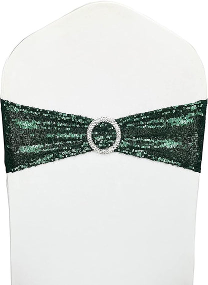 100 Pcs Chair Sashes Sequin Stretch Chair Bands Dark Green Spandex Polyester Bows for Party Hotel Wedding Banquets Decoration - Hunter Emerald Green