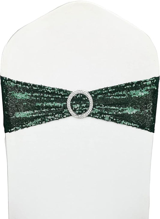 Chair Sashes Sequin Stretch Chair Bands Dark Green Spandex Polyester Bows for Party Hotel Wedding Banquets Decoration - 6 Pcs Hunter Emerald Green