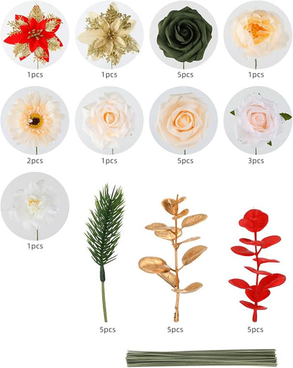 Christmas Artificial Flowers Poinsettia Flower Mix Silk Flowers Fake Roses with Stems for DIY Table Centerpieces Christmas Tree Xmas Wreath Holiday Home Party Decor
