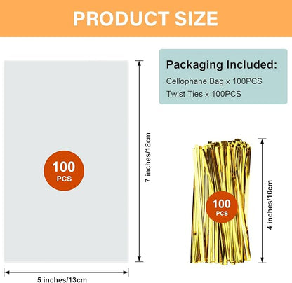 ZHEWTOEN 100 Pcs 5x7 Inch Cellophane Bags with Color Twist Ties, Clear Plastic Goodie Cello Treat Candy Bags for Cookies, Popcorn, Small Gift Wrapping, Party Favors, Bakery Packaging