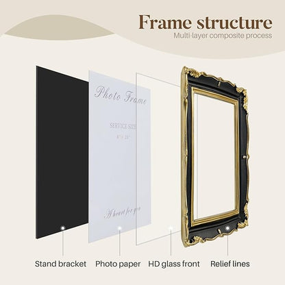 8x10 Black and Gold Picture Frame Vintage Frame, Ornate Textured Hand-Crafted Resin Photo Frames with Glass Front, 8 by 10 Decorative Picture Frame for Wall & Tabletop, Antique Frame Home Decor