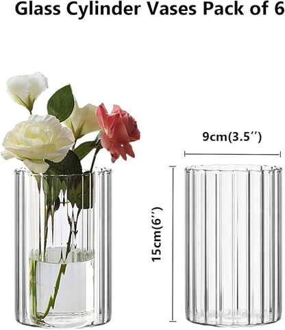 Glass Cylinder Vases Set of 6 Clear Ribbed Glass Vases for Flowers,6 inch Tall Modern Floating Candle Vase Decor, Decorative Hurricane Candle Holders for Home Wedding Table Centerpieces Decor
