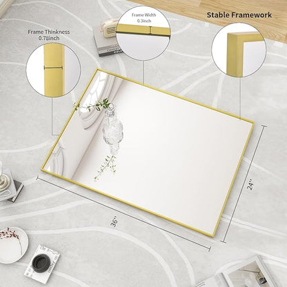 BEAUTYPEAK Gold Bathroom Wall Mirror - 24" x 36" Rectangular Mirror with Metal Frame, Hangs Horizontal or Vertical for Living Room Bedroom Bathroom Entryway