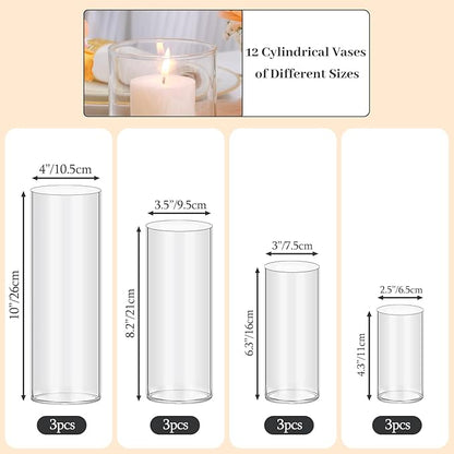 12 PCS Clear Cylinder Vases for Centerpieces | 4, 6, 8,10 Inch Tall Flower Vase for Wedding Decorations, Clear Floating Candle Vases in Bulk, Hurricane Candle Holders for Table, Home Décor