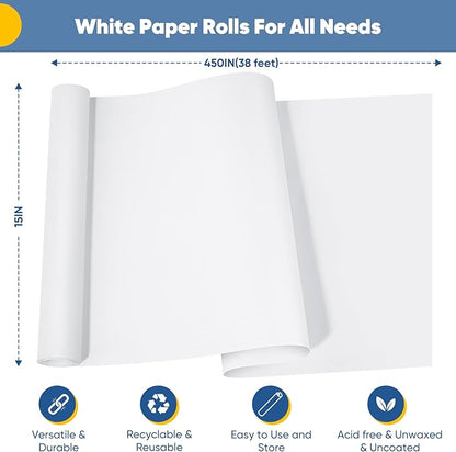 White Wrapping Paper Craft Paper Kraft Paper Roll 15" x 450", Bulletin Board Paper, Arts & Crafts, Gift Wrapping Packing Painting Drawing Paint Easel Poster Chart Decorative Paper, Kids Art Supplies