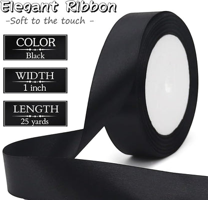 Black Solid Satin Ribbon 1 Inch 25 Yards Solid Polyester Fabric Ribbon for Gift Wrapping Wedding Christmas Baby Shower Birthday Party Decoration Handmade Immortal Flower Craft