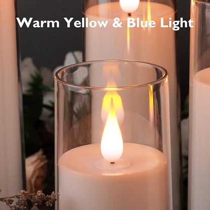 Amagic Pure White Flameless Candles, Battery Operated Candles, Acrylic Flickering LED Pillar Candles with Remote Control and Timer, 3D Wick, Yellow and Blue Glow, D2.2 xH5 5" 6" 7" 8", Set of 5