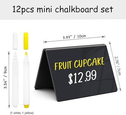 PigPotParty Acrylic Mini Chalkboard Signs for Food, 12 Pcs 4"x3" Small Food Labels for Party Buffet, Glossy Black Table Place Cards for Wedding, Elegant Event Decorations, w/ 2 Wet Erase Markers