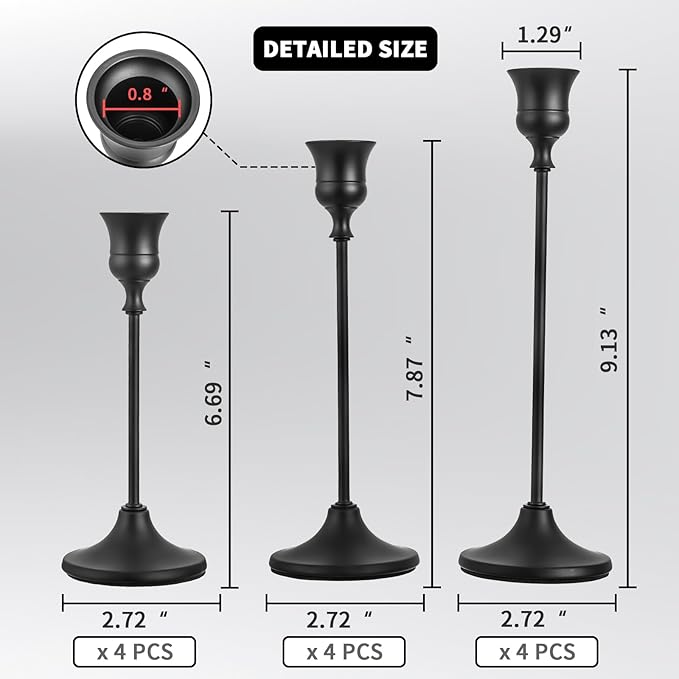 CHILL RECIPE Black Candlestick Holder Tall Taper Candle Holder for Home Decor Table Centerpiece Party Festival Decorations Halloween Decoration (4 Set 12Pcs)