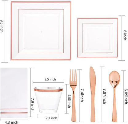 Festiva 350Pcs Rose Gold Plastic Plates - Clear Rose Gold Disposable Dinnerware Sets for 50Guests include 100 Plates 50 Cups 50Plastic Cutlery 50Napkins Perfect for Party&Wedding&Mother's Day