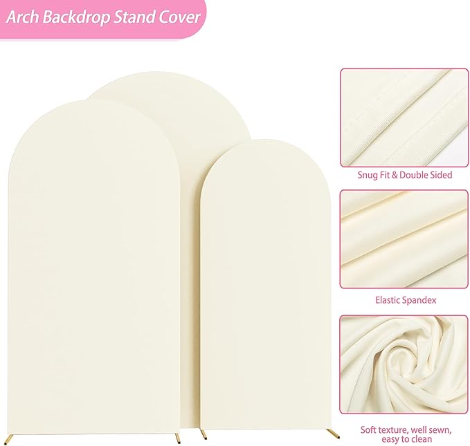 Fomcet Set of 3 Wedding Arch Covers 6FT, 6.6FT, 7.2FT Ivory 2-Sided Round Top Spandex Arch Backdrop Cover Fitted Fabric for Birthday Party Baby Shower Wedding Arch Stand Decoration