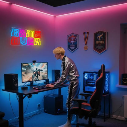 Game Room Neon Sign,Game Over Dimmable LED Light Signs for Wall Art Decor,Gamer Backdrop for Bedroom Club Party Man Cave,Gaming Gift for Boys Teen Men USB Powered（15.4"*7.9"）