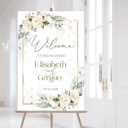 Ivory Wedding Welcome Sign, Cream Beige Floral Wedding Sign