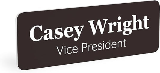 ExcelMark Custom Name Tag - Engraved Name Badge with Pin or Magnetic Backing, 16 Colors, 6 Fonts, and 2 Sizes to Choose from (Brown w/White Letters, 1"x 3")