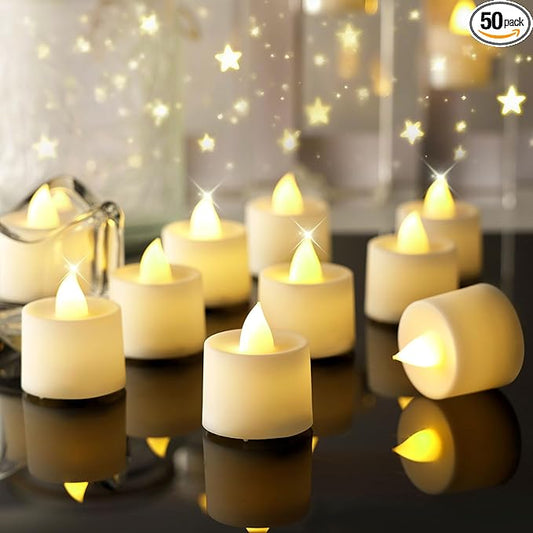 Amagic 50 Pack LED Tea Lights, Flameless Votive Candles, Lasting Electric Fake Small Candles, Battery Operated Tealights Candles for Halloween, Christmas, Home Decor, Wedding, Party, Festival (Ivory)