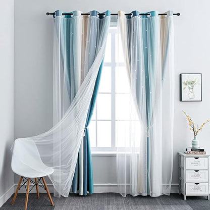 FANLI Ombre Rainbow Blackout Curtains for Kid Girls Bedroom Living Room Darking Stripe Double Layer Star Cut Out Wall Home Decor Gradient Grommet Window Curtains (Blue/Yellow, 52W x 63L)