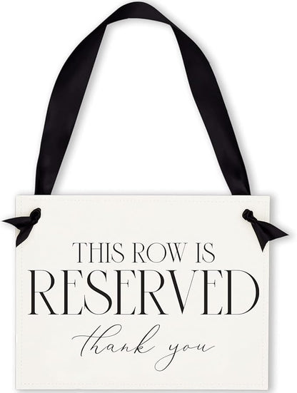 Ritzy Rose Set of 2 Reserved Row Sign for Wedding Ceremony Chairs or Events - Thick Paper Banner for Seating - White Linen Cardstock with Black Font and Black Satin Ribbon - 11x8.5 inches