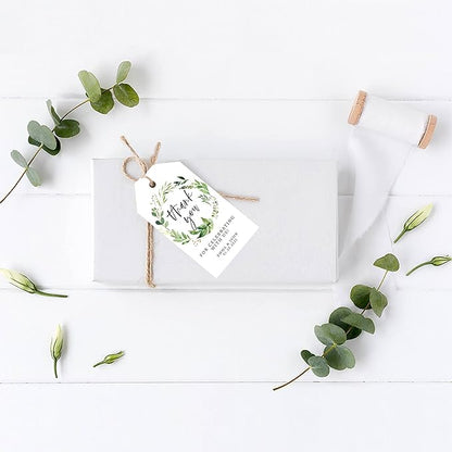 Andaz Press 100-Pack Personalized Thank You for Celebrating with Us Wedding Favor Tags with Bakers Twine Greenery Wreath Custom Cardstock Wedding Gift Tags Thank You Tags for Party Favors 2” X 3.75”