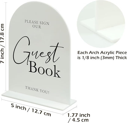 White Arch Acrylic Wedding Sign- 5"x7" Guest Book Sign and Base,1/8" Thick | Modern Calligraphy Arched Acrylic Table Sign for Wedding & Event Party