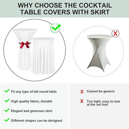 Cocktail Table Covers - 3 Pack 32"x 43" White Cocktail Table Tablecloth with Natural Wavy Round Skirt for Bar Wedding Party Banquet