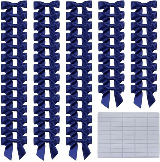 2.5" Hgzgch Dark Blue Satin Ribbon Bow for Gift Wrapping, Premade Bows for Crafts, Cake, Party Favors, Handmade Bows with Double-Sided Tape, Self Adhesive Bows for Presents, Treats, Christmas - 50pcs