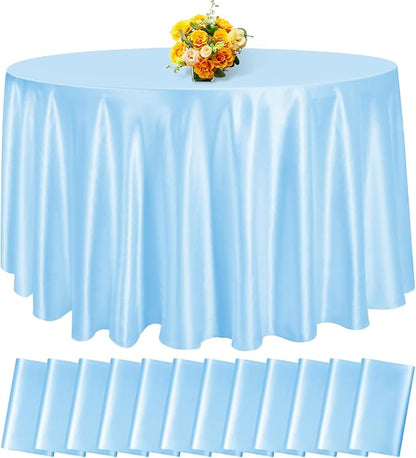 12 Pack 108 Inch Light Blue Satin Tablecloth - Silky Round Tablecloth Overlay Smooth Fabric Table Cover, Bright Table Decoration for Wedding Party Banquet Events Restaurant Kitchen Dining