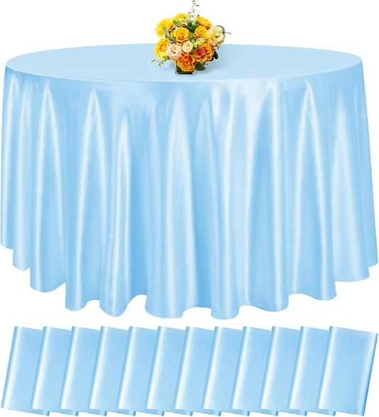 12 Pack 108 Inch Light Blue Satin Tablecloth - Silky Round Tablecloth Overlay Smooth Fabric Table Cover, Bright Table Decoration for Wedding Party Banquet Events Restaurant Kitchen Dining