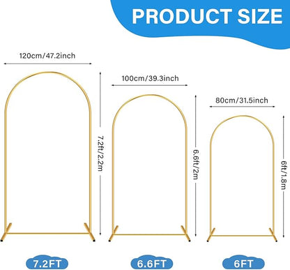 Heavy Duty Metal Arch Backdrop Stand, 7.2FT, 6.6FT, 6FT Set of 3 Gold Arch Stand with Ground Stakes and Water Bags, Balloon Arch Stand for Wedding Party Baby Shower Photo Flower Arch Decration