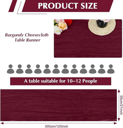 10 Pack Wine red Cheesecloth Table Runner -21*120Inch Long Boho Wedding Table Decor, Rustic Gauze Fabric Runner for Bridal Showers, Baby Showers & Parties (Sheer, Lightweight, Wrinkled Design)