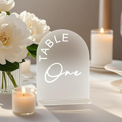 Frosted Arch Wedding Table Numbers 1-15 with Stands, 5x7 Inch Acrylic Arch Sign with Holder for Wedding Reception Table Centerpiece Decoration