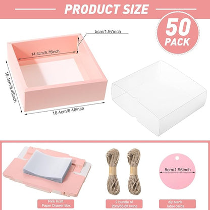 Roowest 50 Sets Kraft Soap Boxes Rectangle Packaging Box with Window Homemade Gift Box with Blank Tags and Jute String for Jewelry Candy Wrapping Party Favor(6.5 x 6.5 x 2 Inch,Pink)
