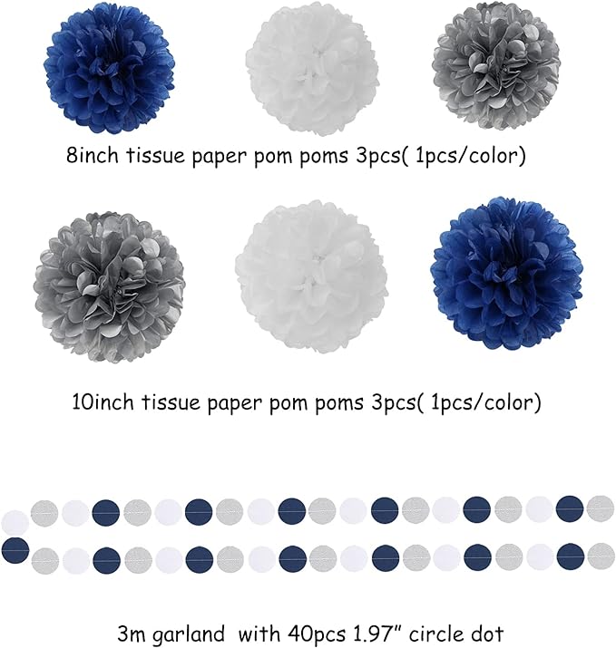 Navy Blue White Silver Party Decorations,23pcs Kit Graduation 2025 Tissue Paper Pom Poms Streamers,Tassel Garland Banner Flowers,Men Birthday Bachelorette Baby Shower Christmas Decor Lasting Surprise