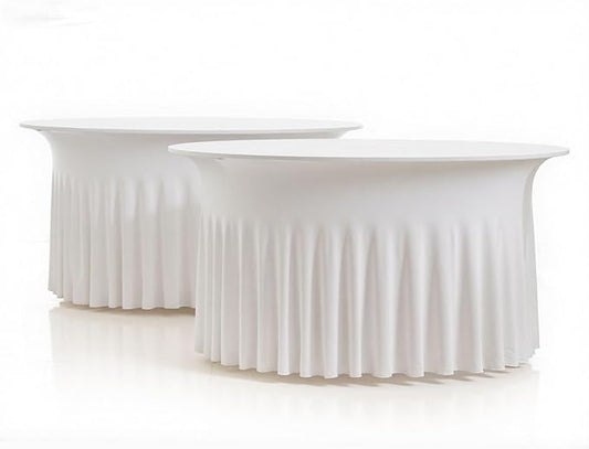2 Pack Ivory Spandex Round Tablecloths for 60 inch Tables, Wrinkle Free Stretchy Fitted 120inch Round Table Covers 5FT with Ruffle Table Skirt for Wedding Party Dining Banquet Dinning