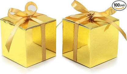 COTOPHER 100pcs Wedding Favor Boxes, Paper Gift Boxes 3x3x3 Inches Small Gift Boxes with Ribbons Small Boxes for Gifts, Crafting, Cupcake, Candy, Bridesmaid Proposal Boxes (Metallic Gold)