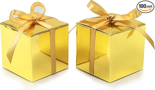 COTOPHER 100pcs Wedding Favor Boxes, Paper Gift Boxes 3x3x3 Inches Small Gift Boxes with Ribbons Small Boxes for Gifts, Crafting, Cupcake, Candy, Bridesmaid Proposal Boxes (Metallic Gold)