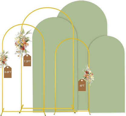 MODFUNS Metal Arch Backdrop Stand and Cover Set 6&6.6&7.2ft Sage Green Arch Backdrop Covers Gold Wedding Arch Stand Set of 3 Spandex Arched Covers for Party Birthday Banquet Wedding Decoration